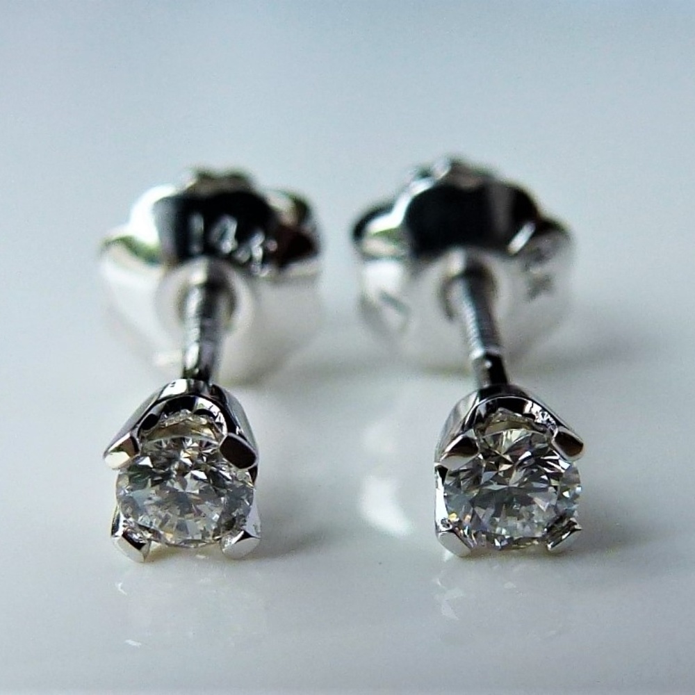 Tiny Genuine Diamond Earrings In Solid 14 K - Picture 2 of 7
